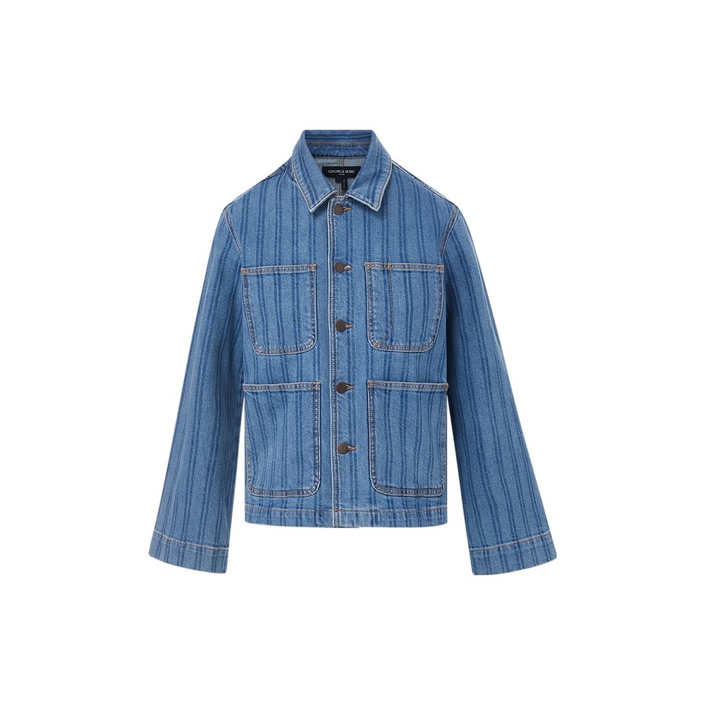 Veronica Beard Dahl Denim Jacket Size Medium Sapphire Stripe Chic Oversized Boxy - Picture 7 of 16
